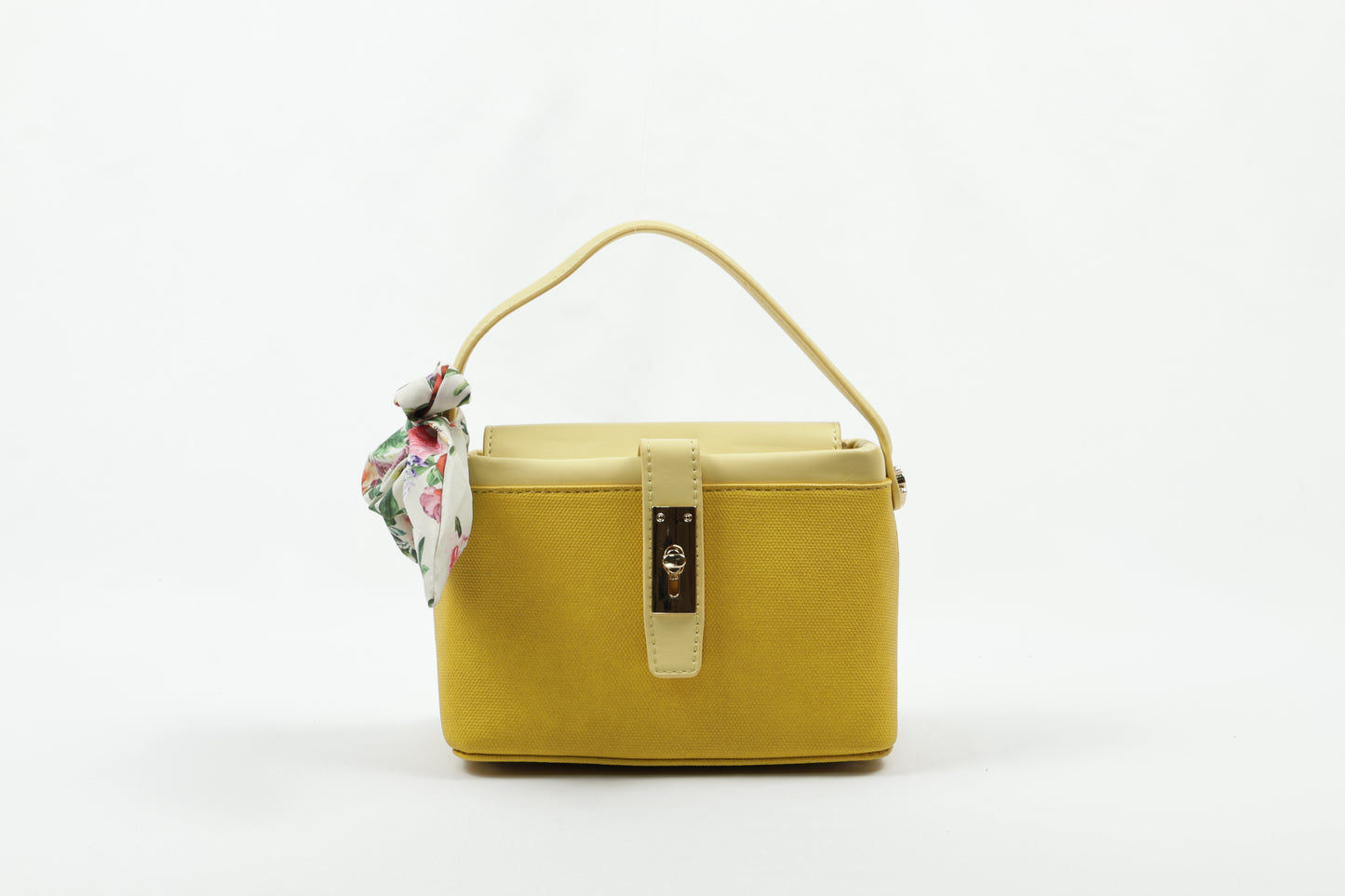 PLLCD Chic Yellow PU Leather Handbag with Decorative Scarf - Stylish & Compact Fashion Bag with Lock Closure