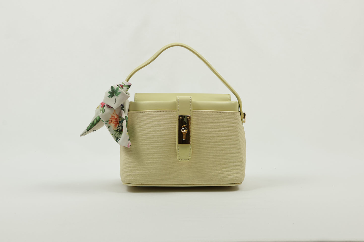 PLLCD Chic Yellow PU Leather Handbag with Decorative Scarf - Stylish & Compact Fashion Bag with Lock Closure
