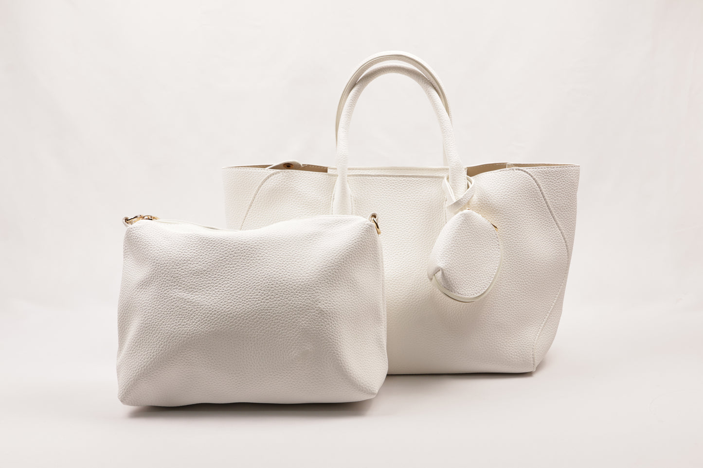 PLLCD Elegant White PU Leather Handbag with Detachable Small Pouch - Spacious & Stylish Tote Bag with Adjustable Strap