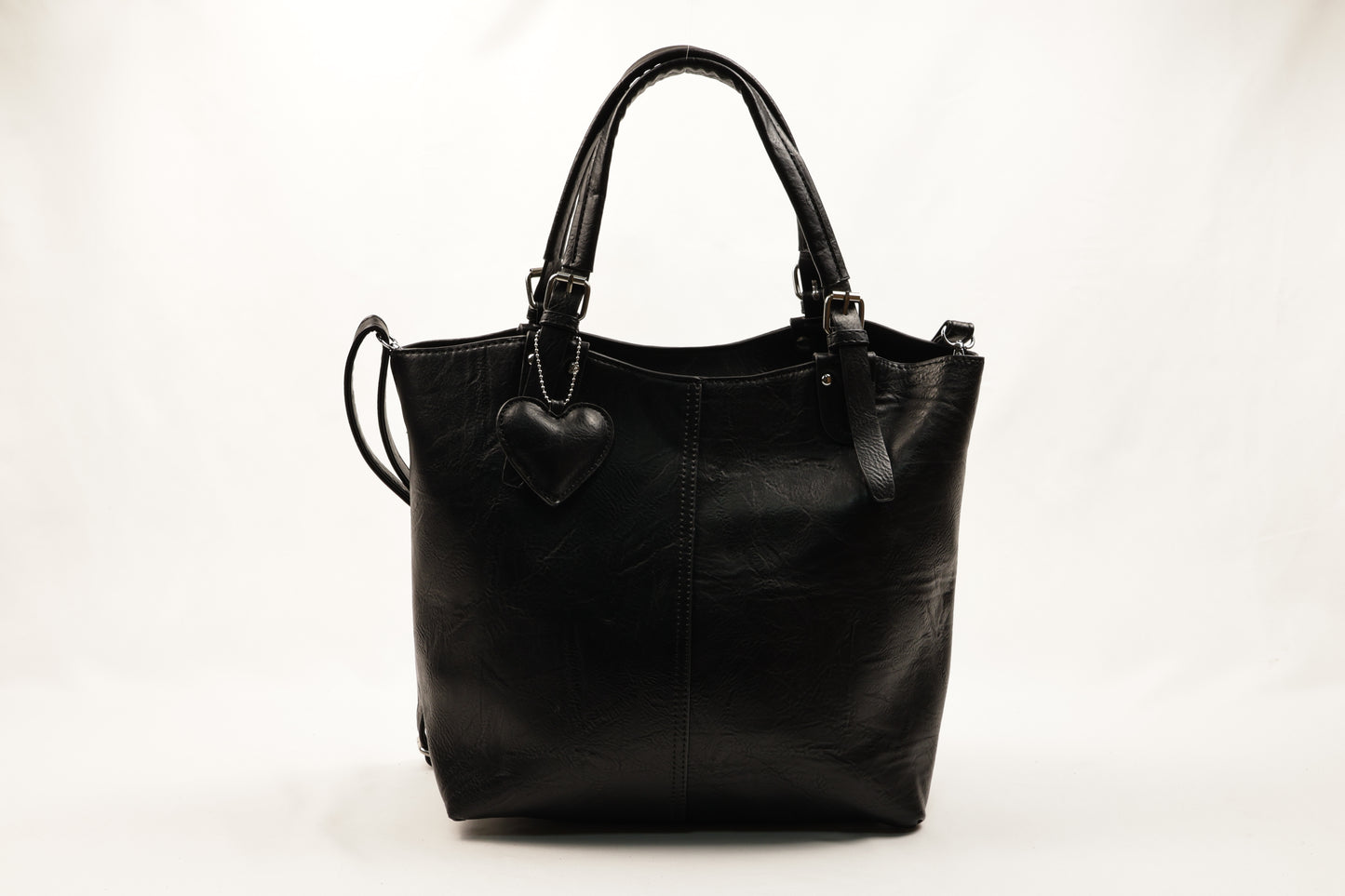 PLLCD Chic Black PU Leather Tote Bag with Heart Charm - Spacious Convertible Shoulder Bag for Women