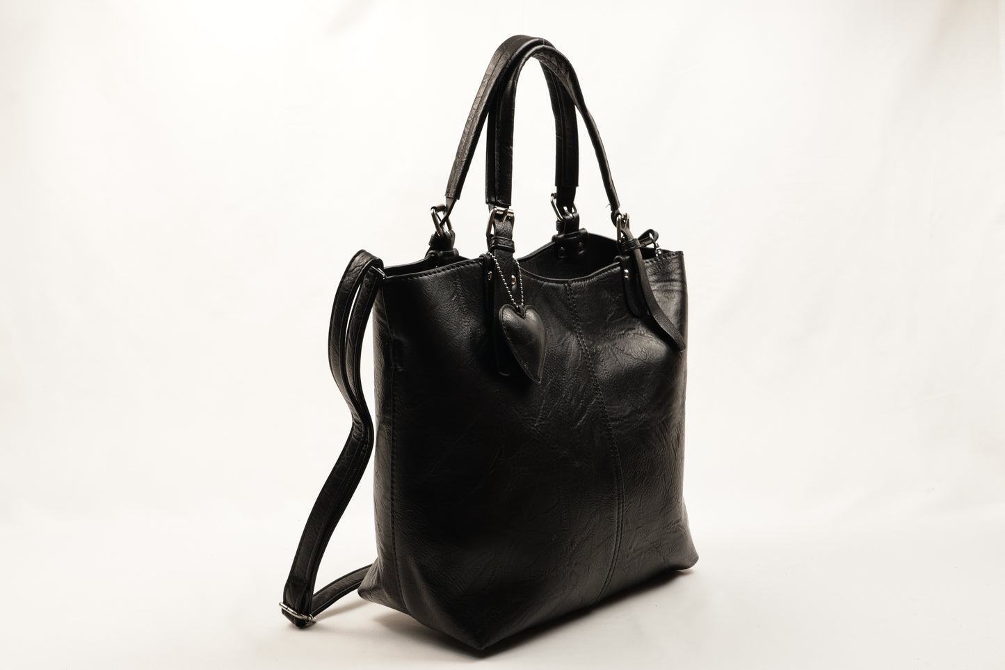 PLLCD Chic Black PU Leather Tote Bag with Heart Charm - Spacious Convertible Shoulder Bag for Women
