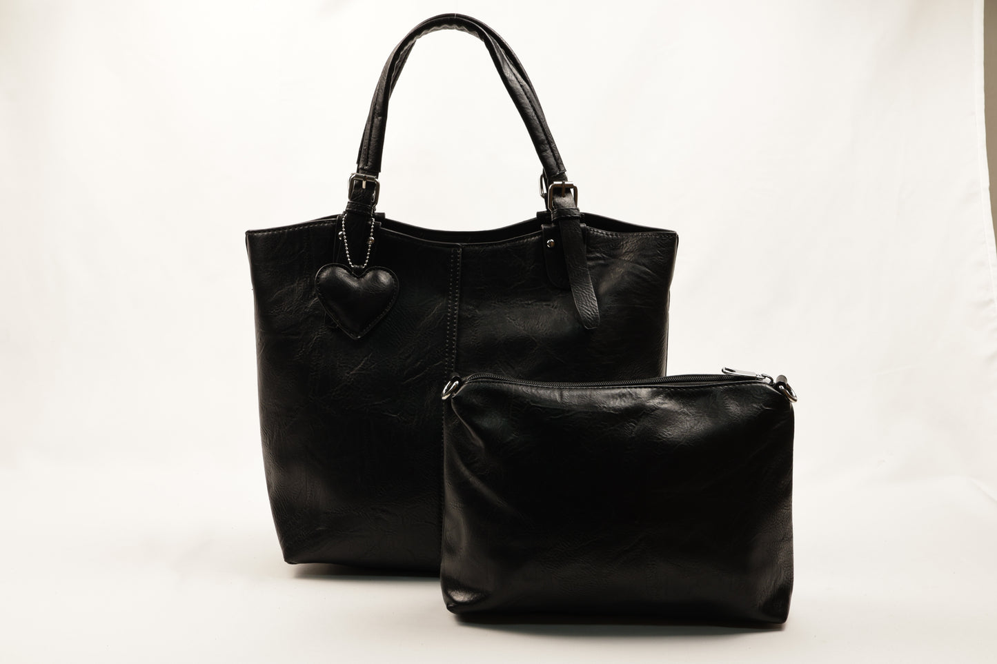 PLLCD Chic Black PU Leather Tote Bag with Heart Charm - Spacious Convertible Shoulder Bag for Women