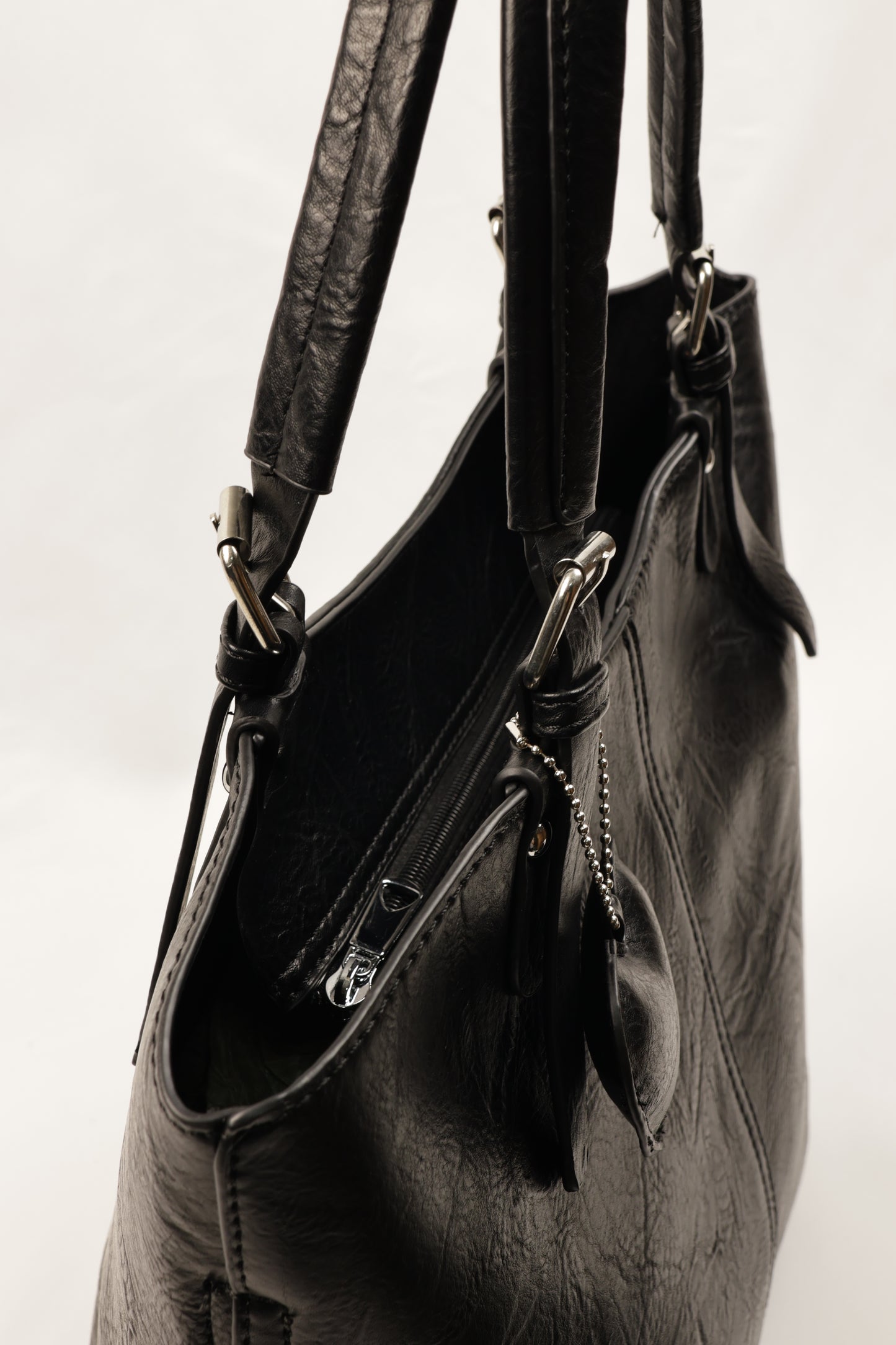 PLLCD Chic Black PU Leather Tote Bag with Heart Charm - Spacious Convertible Shoulder Bag for Women