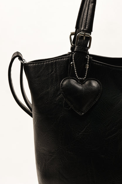 PLLCD Chic Black PU Leather Tote Bag with Heart Charm - Spacious Convertible Shoulder Bag for Women