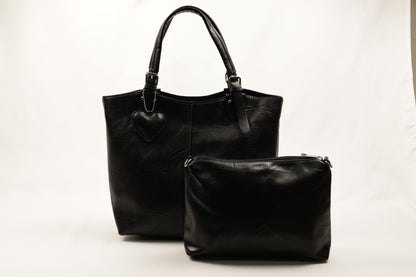 PLLCD Chic Black PU Leather Tote Bag with Heart Charm - Spacious Convertible Shoulder Bag for Women