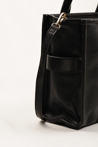 PLLCD Black PU Leather Tote Bag - Large Capacity 15.5x25.5x33.5cm Adjustable Strap (88-114.5cm) Stylish Work Travel Handbag