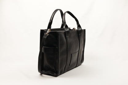 PLLCD Black PU Leather Tote Bag - Large Capacity 15.5x25.5x33.5cm Adjustable Strap (88-114.5cm) Stylish Work Travel Handbag