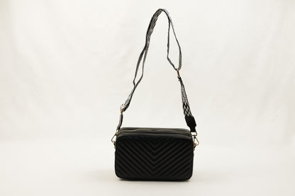 PLLCD Quilted Black Crossbody Bag - 23x14x8cm with Adjustable Patterned Long Strap (85.5–137.5cm)