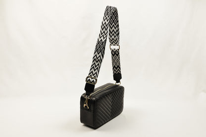 PLLCD Quilted Black Crossbody Bag - 23x14x8cm with Adjustable Patterned Long Strap (85.5–137.5cm)
