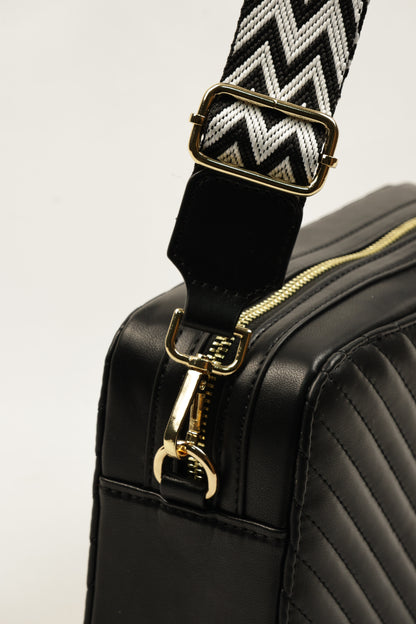PLLCD Quilted Black Crossbody Bag - 23x14x8cm with Adjustable Patterned Long Strap (85.5–137.5cm)