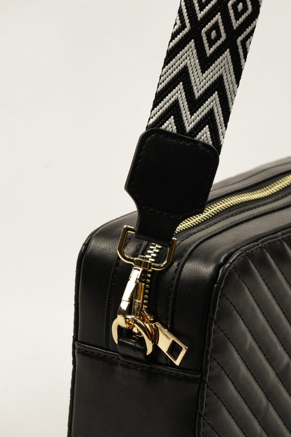 PLLCD Quilted Black Crossbody Bag - 23x14x8cm with Adjustable Patterned Long Strap (85.5–137.5cm)